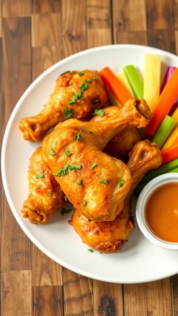 Crispy air fryer chicken drumsticks served with dipping sauce and vegetable sticks on a rustic table.
